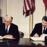 FILE PHOTO: Ronald Reagan and Mikhail Gorbachev sign the Intermediate-Range