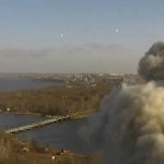 Smoke rises following military strike on Mykolaiv administration building in