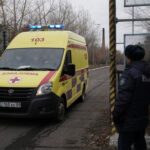 An ambulance drives out of the Kostenko coal mine in