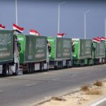 Trucks carrying humanitarian aid for Palestinians, are seen in Rafah