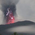Mount Ibu volcano eruption as seen from Gam Ici in