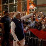 Indian PM Modi speaks to supporters at BJP headquarters, in