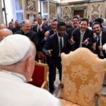 Pope Francis meets with comedians during a cultural event