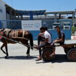 FILE PHOTO: Palestinians ride a horse-drawn cart past Gaza desalination