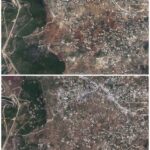 A combination picture of satellite images showing damage caused between