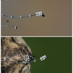 A combination drone view shows Penuelas lake following drought season