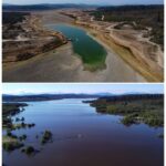 A combination drone view shows Penuelas lake following drought season