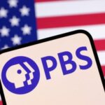 Illustration shows Public Broadcasting Service (PBS) logo and U.S. flag