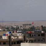A Turkish flag flutters in the Turkish city of Nusaybin,