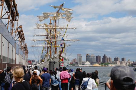 Mexican Navy training vessel sits at a New York pier