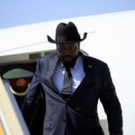 South Sudan’s President Salva Kiir Mayardit arrives at Khartoum airport,