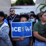 Protesters gather around the Los Angeles Federal Building after multiple