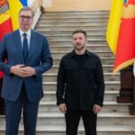 Ukraine’s President Zelenskiy and Serbian President Vucic pose for a