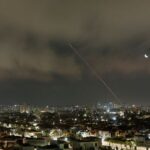 A missile launched from Iran is intercepted as seen from