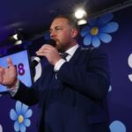 Karlsson Sweden Democrats politicians, addresses party members after election in