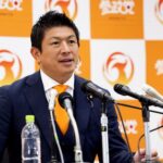Japan’s Sanseito party leader Sohei Kamiya speaks to the members