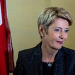FILE PHOTO: Swiss President Keller-Sutter talks to the media after