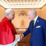 Pope Leo greets King Charles during a private audience at
