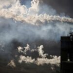 Emissions from the chimneys of Yara France plant in Montoir-de-Bretagne