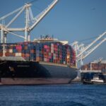 A cargo ship full of shipping containers is seen at