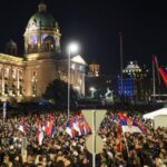 Supporters of Serbian President Aleksandar Vucic hold a demonstration near