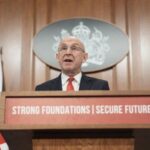 British Defence Secretary John Healey delivers a speech at No