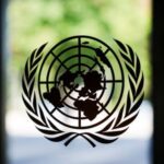 The United Nations logo adorns a window at U.N. headquarters