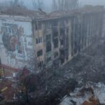 A drone view of apartment buildings damaged by Russian military