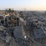 Piles of rubble and damaged buildings in Gaza City