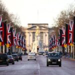 German and British flags line The Mall in London, as