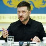 Ukraine’s President Zelenskiy speaks during a meeting with the media