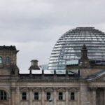 The German flag flutters outside the Reichstag building, the seat
