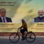 Hoardings are installed ahead of Russian President Vladimir Putin’s visit