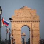 National flags of India and Russia are placed on light