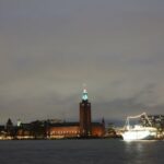 Lights illuminate City Hall (Stadshuset), where the Nobel banquet will