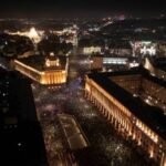 A drone view shows protesters demonstrating outside the parliament during
