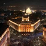 A drone view shows protesters demonstrating outside the parliament during