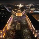 A drone view shows protesters demonstrating outside the parliament during