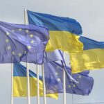 Ukrainian and European flags fly in central Kyiv
