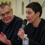 Belarusian opposition figures Kolesnikova and Babaryko attend a press conference