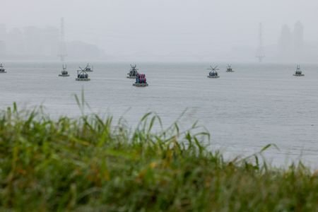 Explosive barrels placed by Taiwan military at the Tamsui River