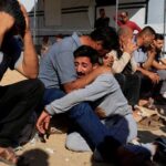 Funeral of Palestinians killed in Israeli strikes, at Nasser hospital,