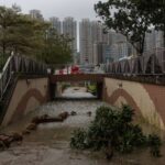 Floodwater inundates a bicycle tunnel in the aftermath of Super