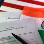 Illustration shows U.S. and Indian flags, U.S. H-1B Visa application