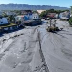 A drone view shows mud covering areas of Hualien