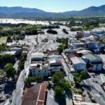 A drone view shows mud covering areas of Hualien