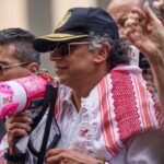 Colombian President Gustavo Petro addresses pro-Palestinian demonstrators during the 80th