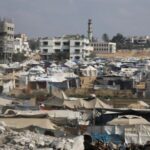 A view of a tent camp where Palestinians displaced by