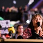 Greta Thunberg and activists from the Global Sumud Flotilla hold