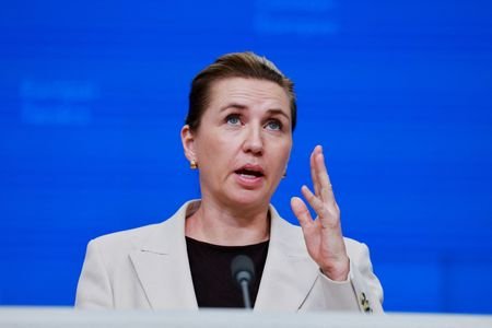 Denmark's Prime Minister Mette Frederiksen holds a press conference during